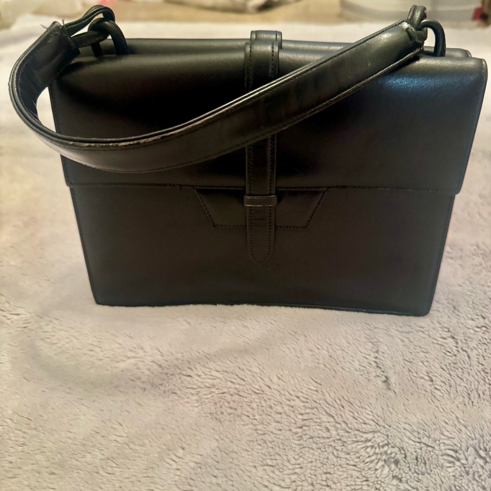 Paristyle‎ 1960s Vintage Structured Black Faux Leather Handbag Top Handle Purse